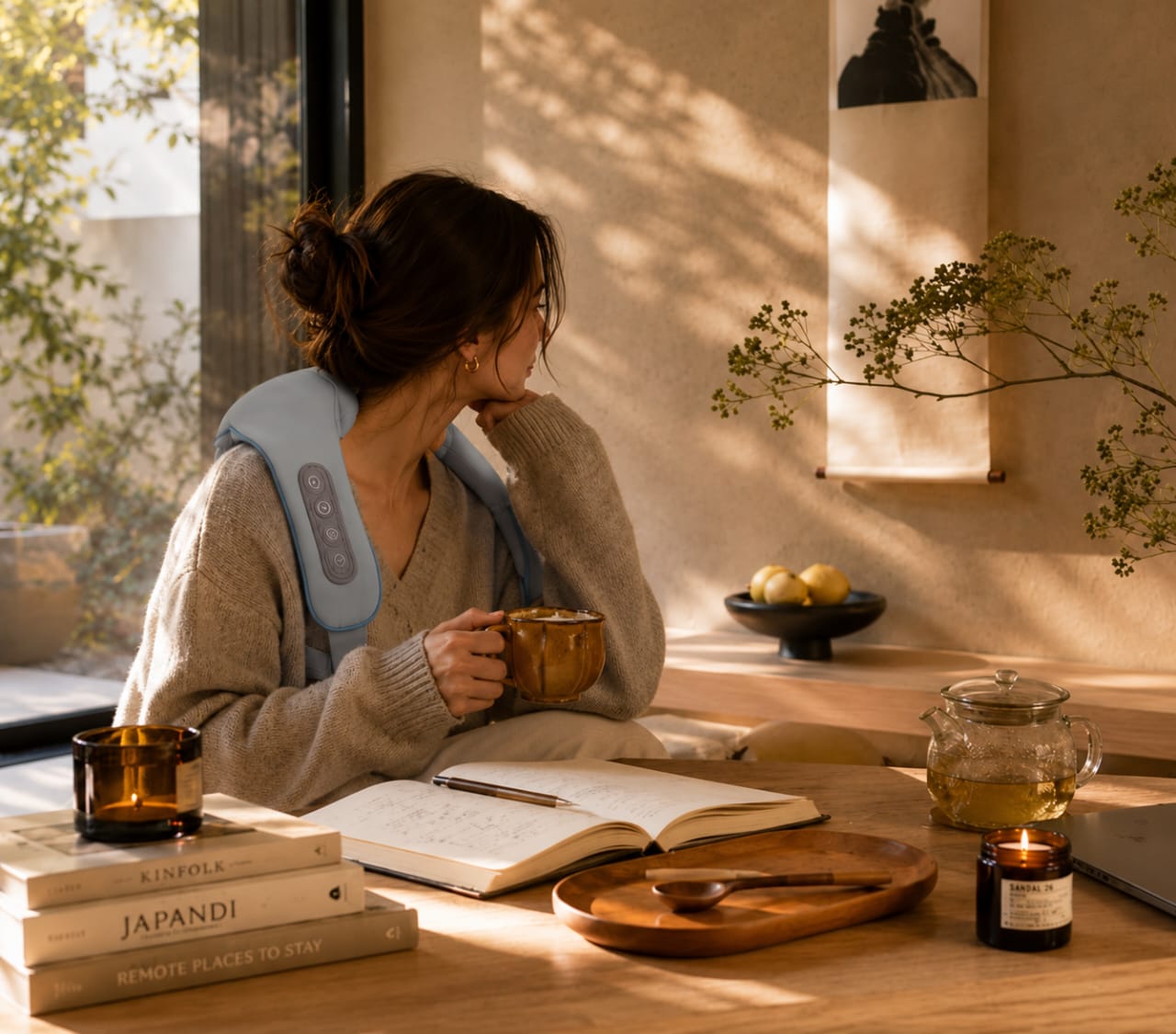 Woman relaxing at home with Vixaon heated neck and shoulder massager while enjoying tea in a Japandi-style interior