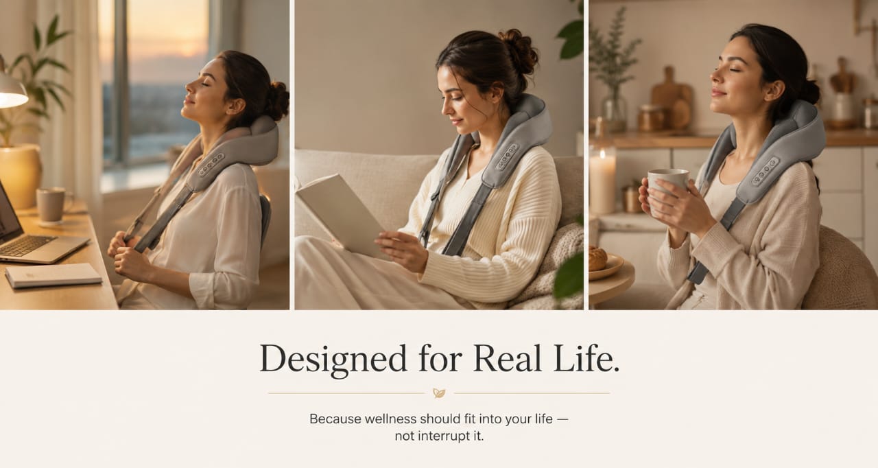 Women using the Vixaon Deep Relief neck massager for neck tension relief while working, reading, and relaxing at home