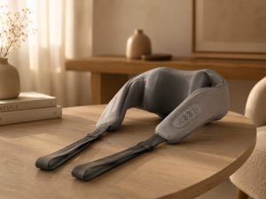 Vixaon Aura Deep Relief Massager resting on a wooden table in a calm modern home environment.
