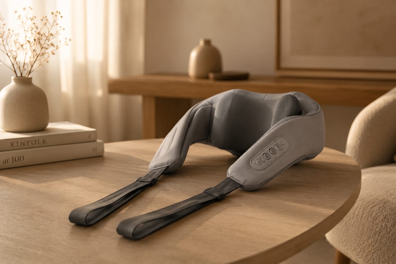 Vixaon Aura Deep Relief Massager resting on a wooden table in a calm modern home environment.