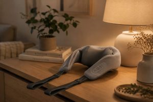Gray Vixaon Aura Deep Relief Massager resting on a wooden table in