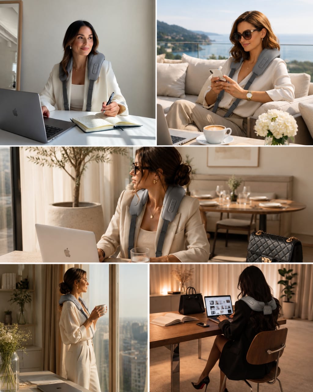 Women using the Vixaon Aura Deep Relief Massager while working, traveling, relaxing, and enjoying everyday moments