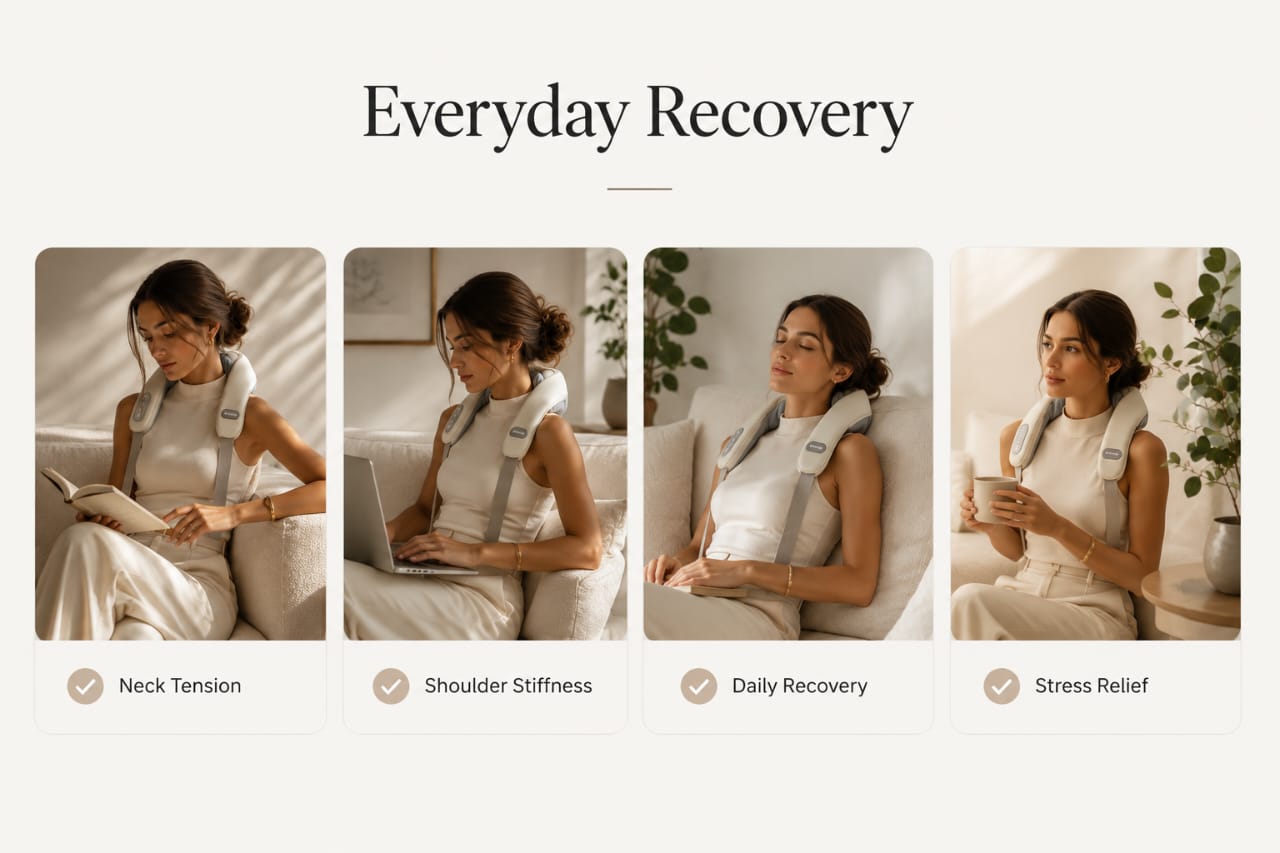 Everyday recovery with the Vixaon Aura Deep Relief Massager featuring neck tension relief, shoulder stiffness support, daily recovery, and stress relief.