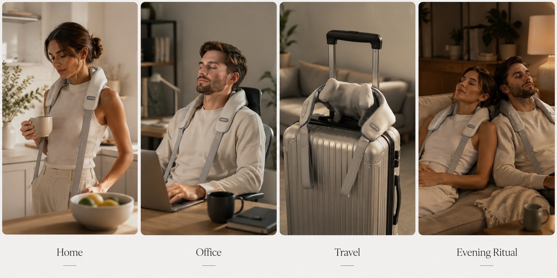 Lifestyle collage showing the Vixaon Aura Deep Relief Massager at home, in the office, during travel, and as part of an evening relaxation ritual for everyday neck and shoulder recovery.